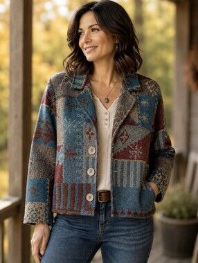 IVY Southwestern Tapestry Jacket Boho Sundance Style Wearable Art USA M